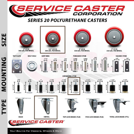 Service Caster 3.5'' SS Red Poly Wheel Swivel 1-3/8'' Expanding Stem Caster Set, 4PK SCC-SSEX20S3514-PPUB-RED-138-4